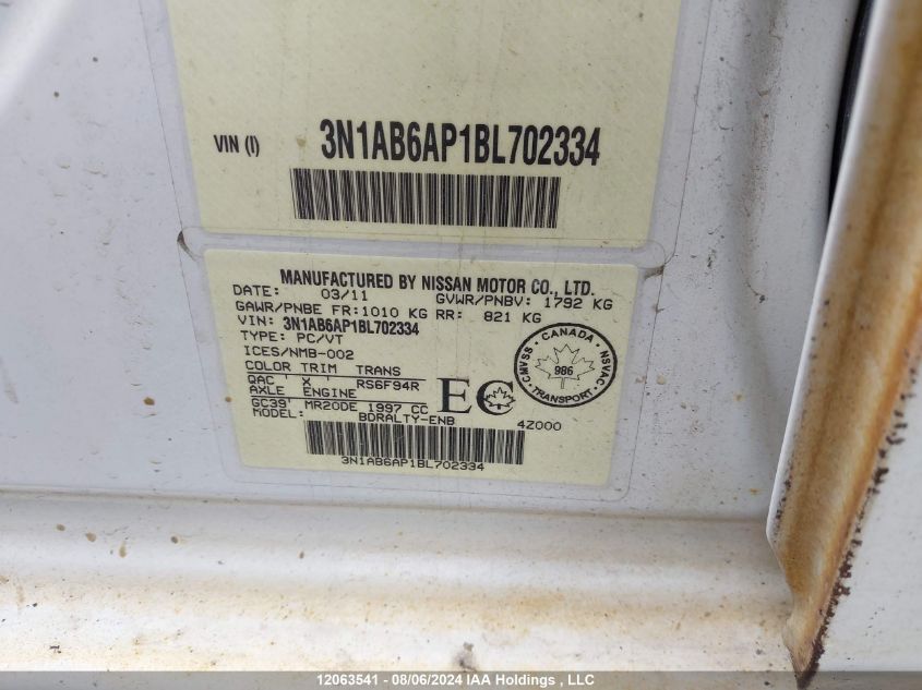 2011 Nissan Sentra 2.0/2.0S/Sr/2.0Sl VIN: 3N1AB6AP1BL702334 Lot: 12063541