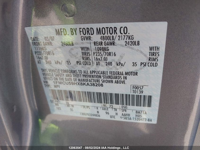 2008 Ford Escape Hev VIN: 1FMCU59HX8KA38208 Lot: 12063547