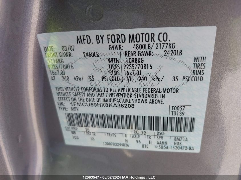 2008 Ford Escape Hev VIN: 1FMCU59HX8KA38208 Lot: 12063547