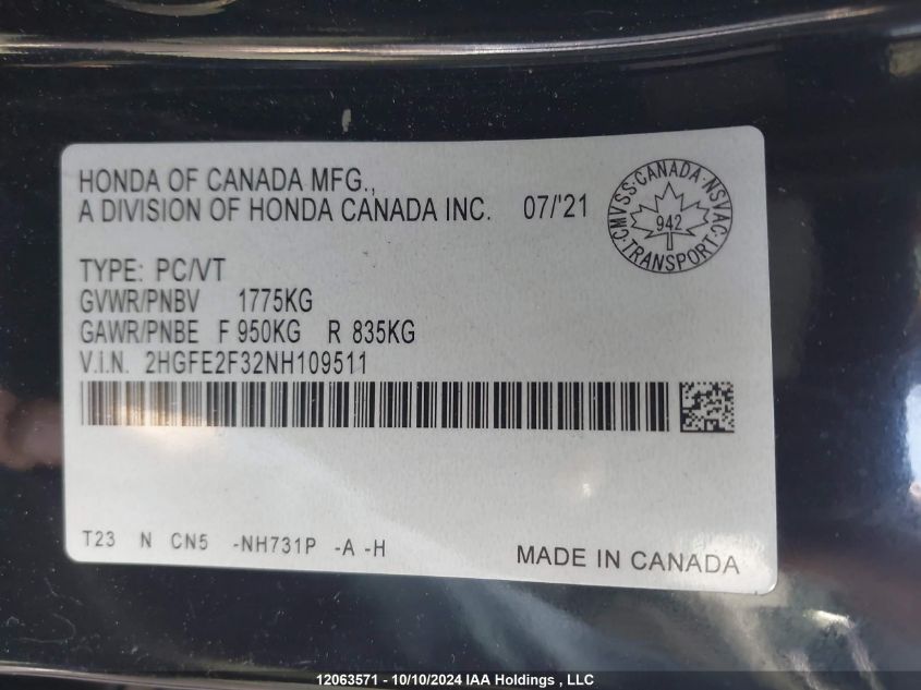 2HGFE2F32NH109511 2022 Honda Civic Sedan