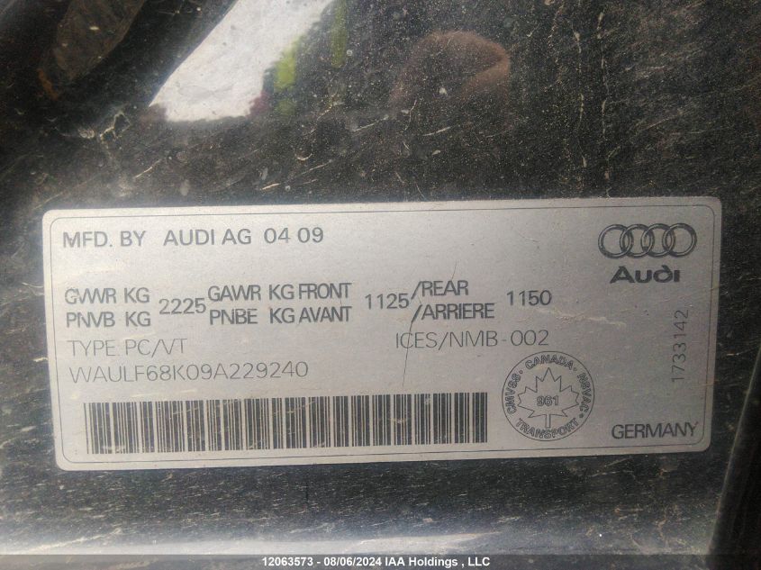 2009 Audi A4 VIN: WAULF68K09A229240 Lot: 12063573