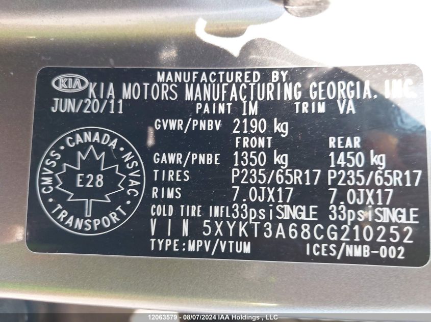 2012 Kia Sorento VIN: 5XYKT3A68CG210252 Lot: 12063579
