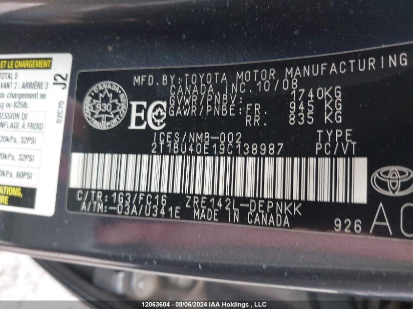 2009 Toyota Corolla VIN: 2T1BU40E19C138987 Lot: 12063604