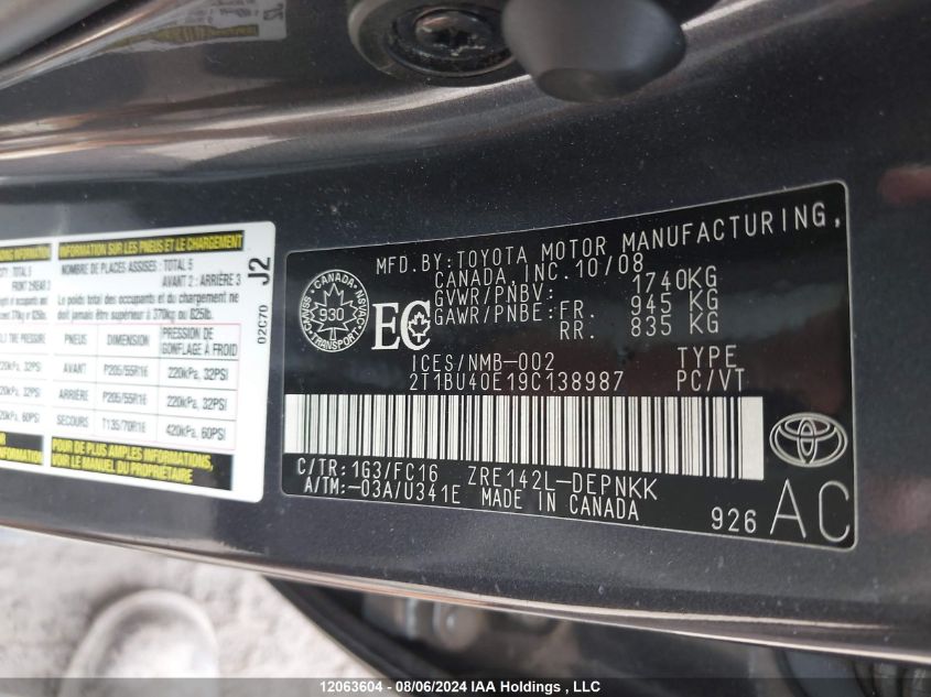 2009 Toyota Corolla VIN: 2T1BU40E19C138987 Lot: 12063604