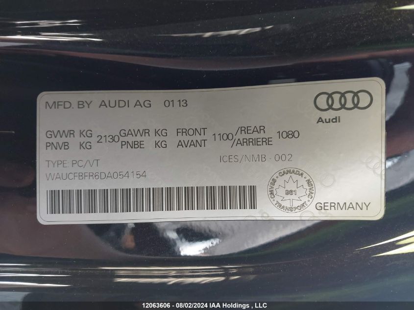 2013 Audi A5 VIN: WAUCFBFR6DA054154 Lot: 12063606