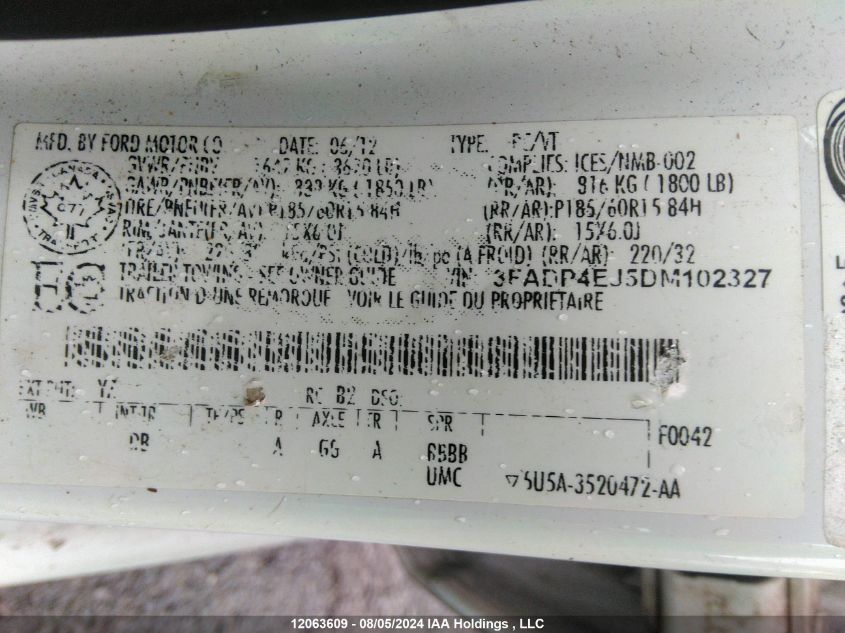 2013 Ford Fiesta VIN: 3FADP4EJ5DM102327 Lot: 12063609