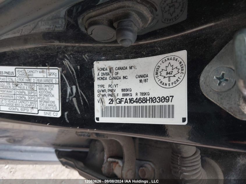 2008 Honda Civic VIN: 2HGFA16468H103097 Lot: 12063626