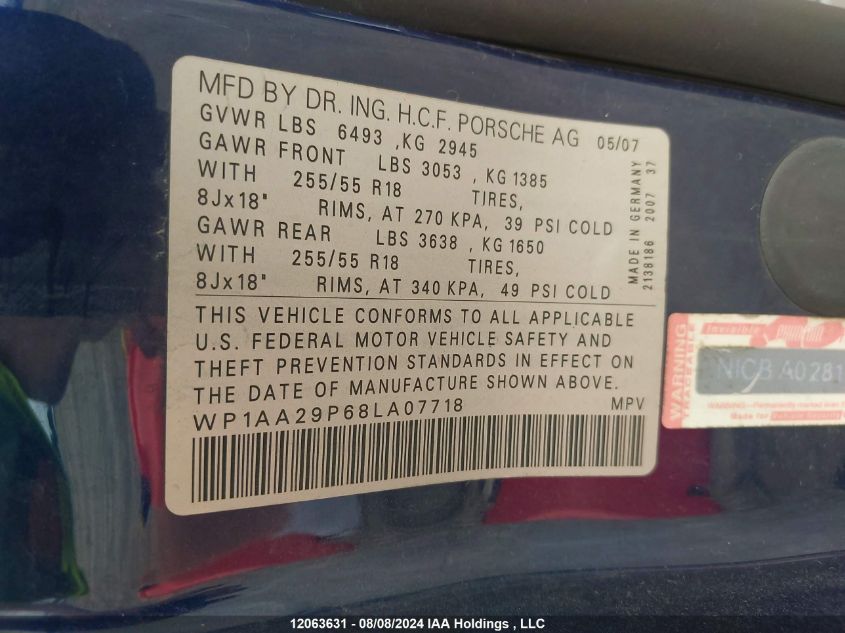 2008 Porsche Cayenne VIN: WP1AA29P68LA07718 Lot: 12063631