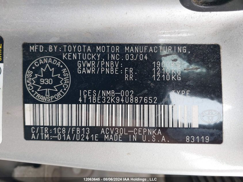 4T1BE32K94U887652 2004 Toyota Camry Le/Xle/Se