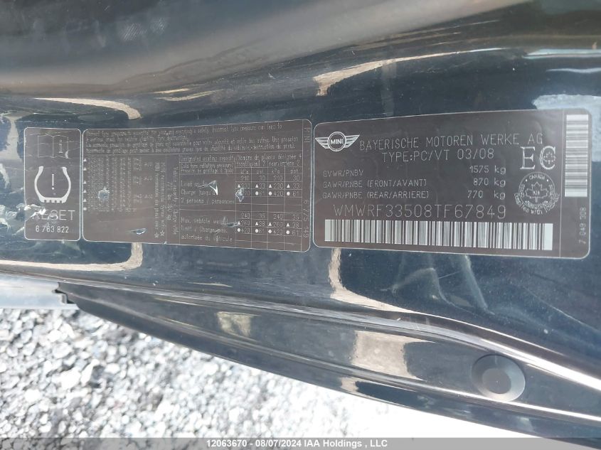 2008 Mini Cooper VIN: WMWRF33508TF67849 Lot: 12063670