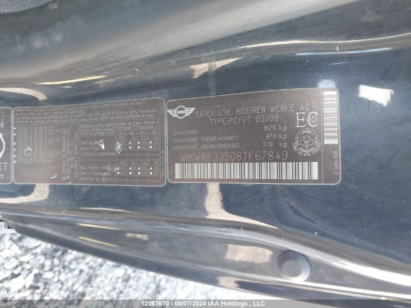 2008 Mini Cooper VIN: WMWRF33508TF67849 Lot: 12063670