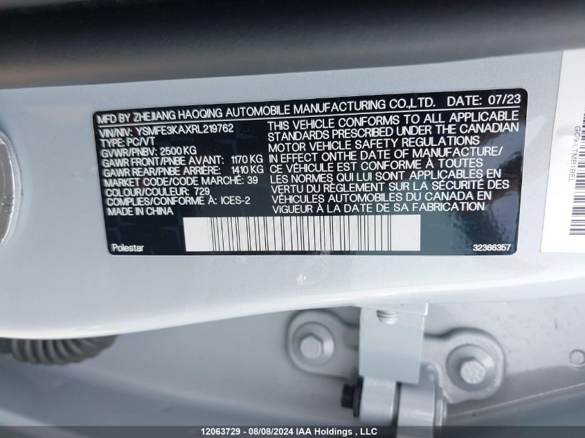 2024 Polestar 2 VIN: YSMFE3KAXRL219762 Lot: 12063729
