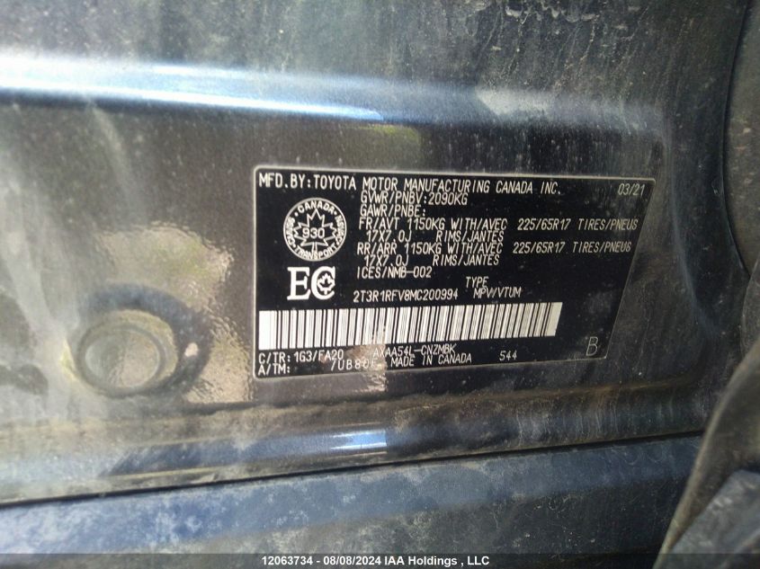 2021 Toyota Rav4 Xle/Xle Premium VIN: 2T3R1RFV8MC200994 Lot: 12063734