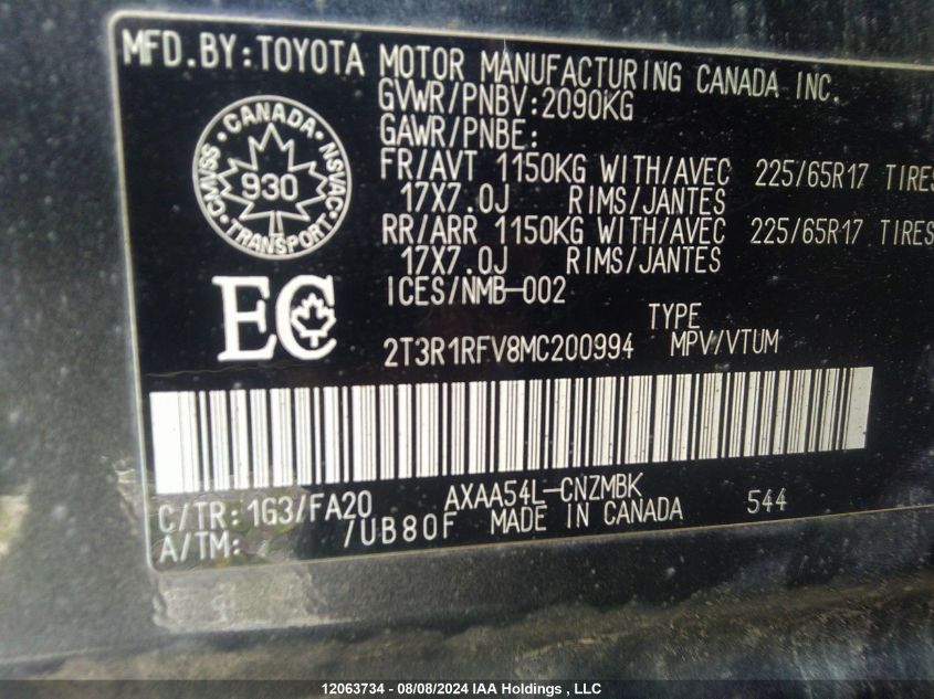 2021 Toyota Rav4 Xle/Xle Premium VIN: 2T3R1RFV8MC200994 Lot: 12063734