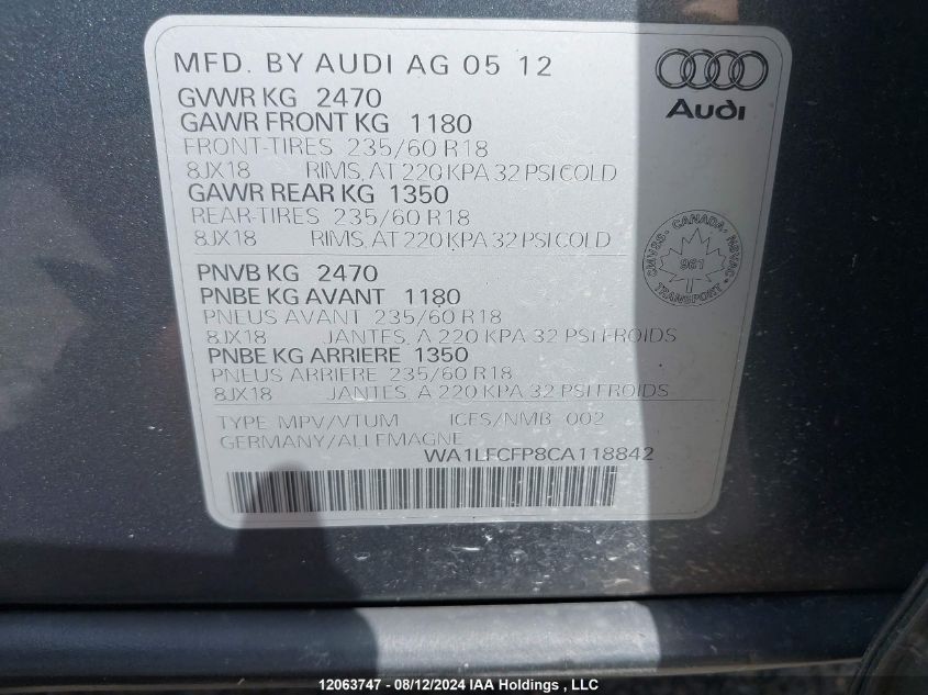 2012 Audi Q5 VIN: WA1LFCFP8CA118842 Lot: 12063747