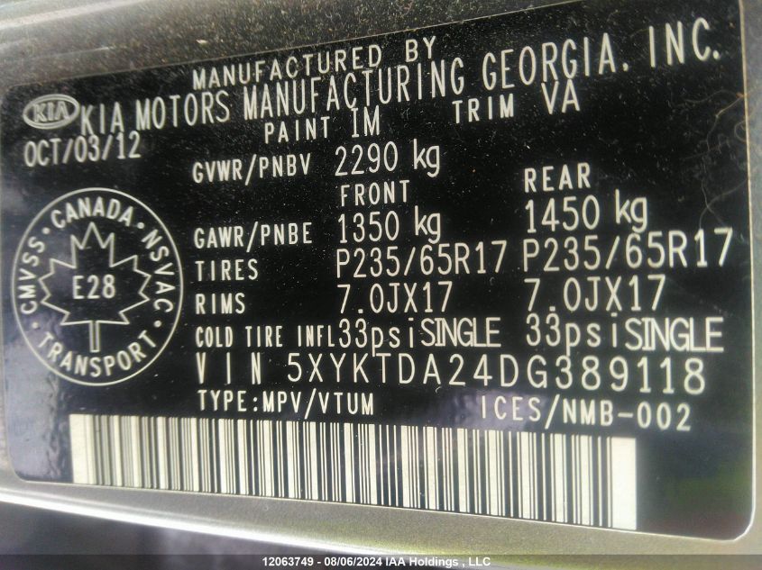 2013 Kia Sorento Lx VIN: 5XYKTDA24DG389118 Lot: 12063749