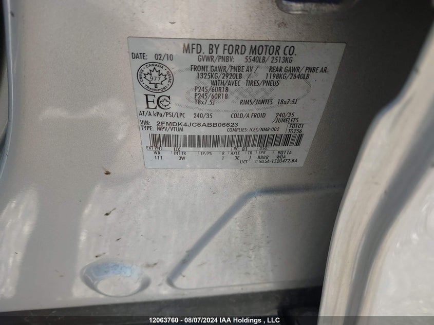 2010 Ford Edge VIN: 2FMDK4JC6ABB06623 Lot: 12063760