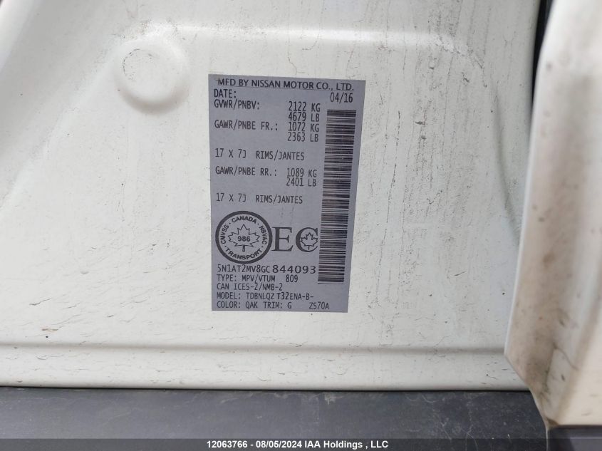 2016 Nissan Rogue VIN: 5N1AT2MV8GC844093 Lot: 12063766