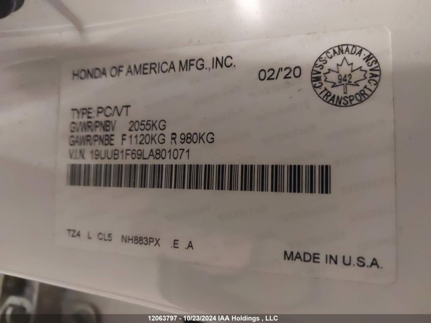 2020 Acura Tlx VIN: 19UUB1F69LA801071 Lot: 12063797