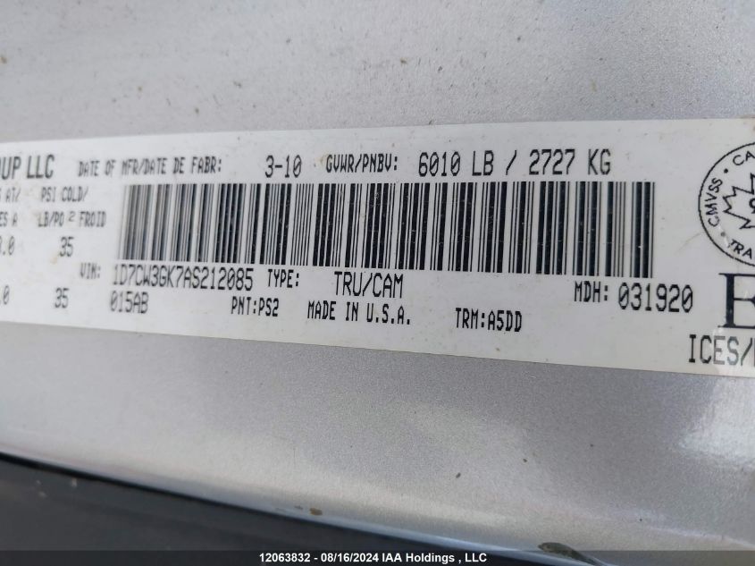 1D7CW3GK7AS212085 2010 Dodge Dakota Sxt