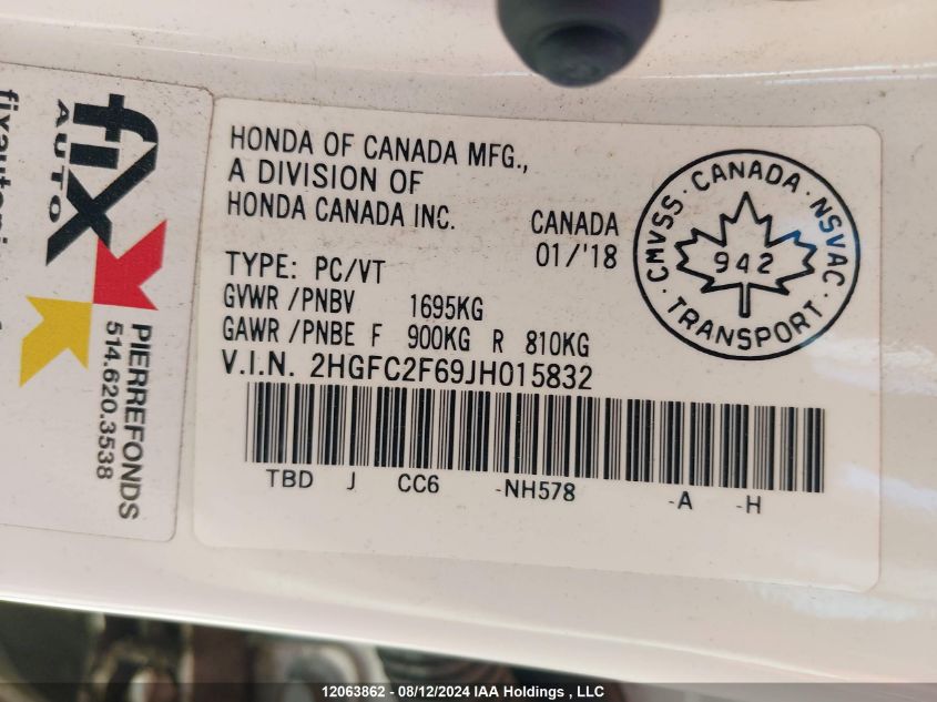 2018 Honda Civic Sedan VIN: 2HGFC2F69JH015832 Lot: 12063862