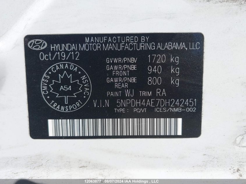 2013 Hyundai Elantra Gl VIN: 5NPDH4AE7DH242451 Lot: 12063877