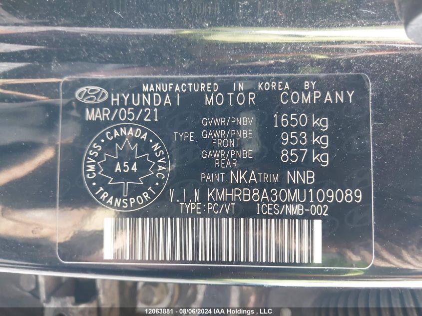 2021 Hyundai Venue Essential Manual VIN: KMHRB8A30MU109089 Lot: 12063881