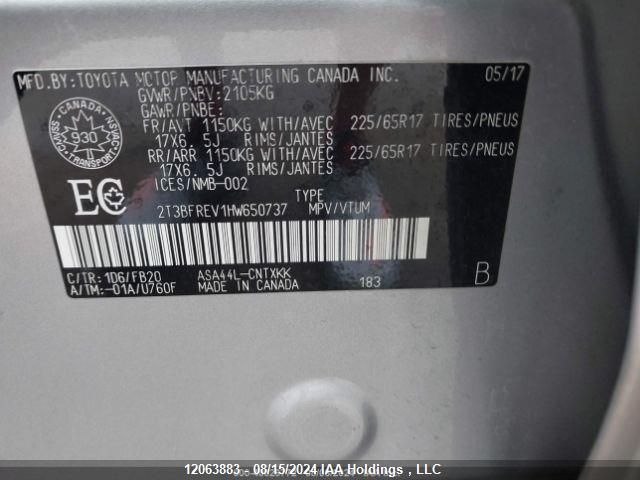 2017 Toyota Rav4 Le VIN: 2T3BFREV1HW650737 Lot: 12063883