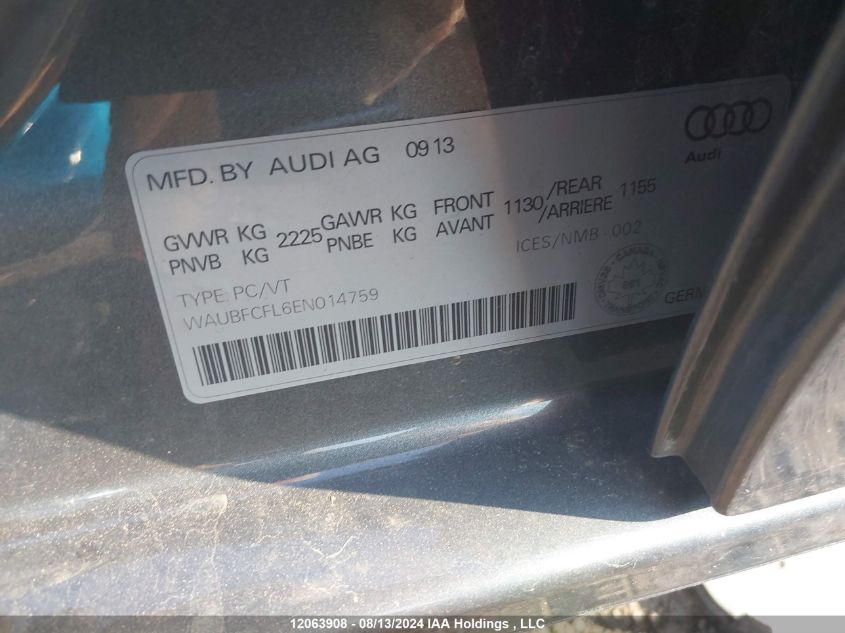 2014 Audi A4 Premium VIN: WAUBFCFL6EN014759 Lot: 12063908