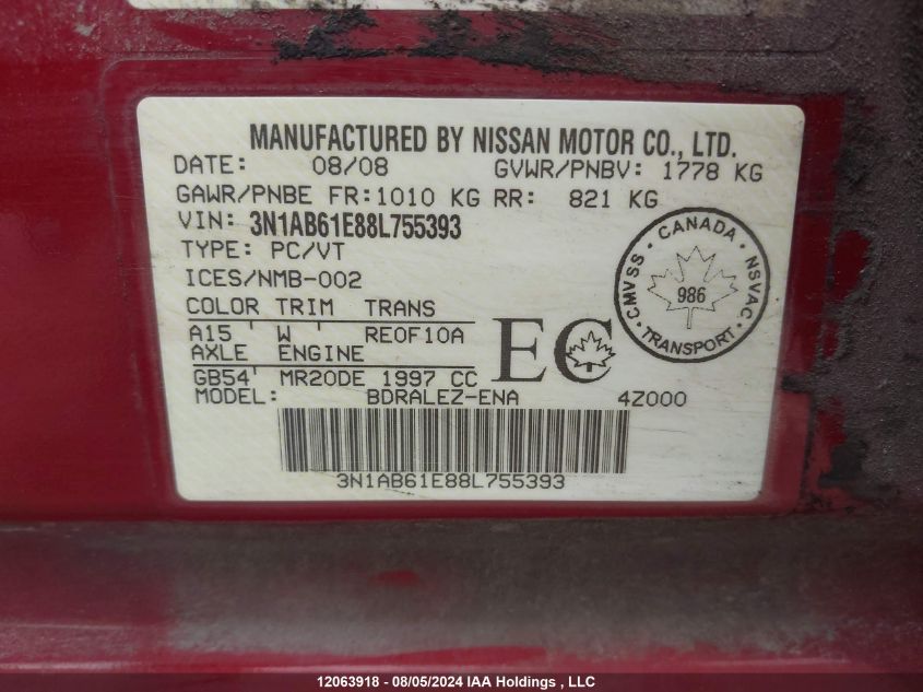 2008 Nissan Sentra VIN: 3N1AB61E88L755393 Lot: 12063918
