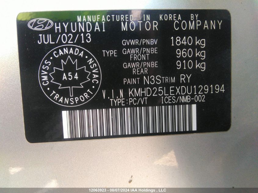 2013 Hyundai Elantra Gt Gl VIN: KMHD25LEXDU129194 Lot: 12063923