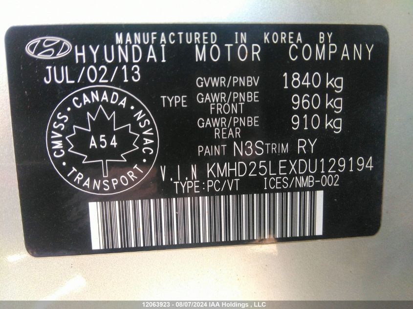 2013 Hyundai Elantra Gt Gl VIN: KMHD25LEXDU129194 Lot: 12063923