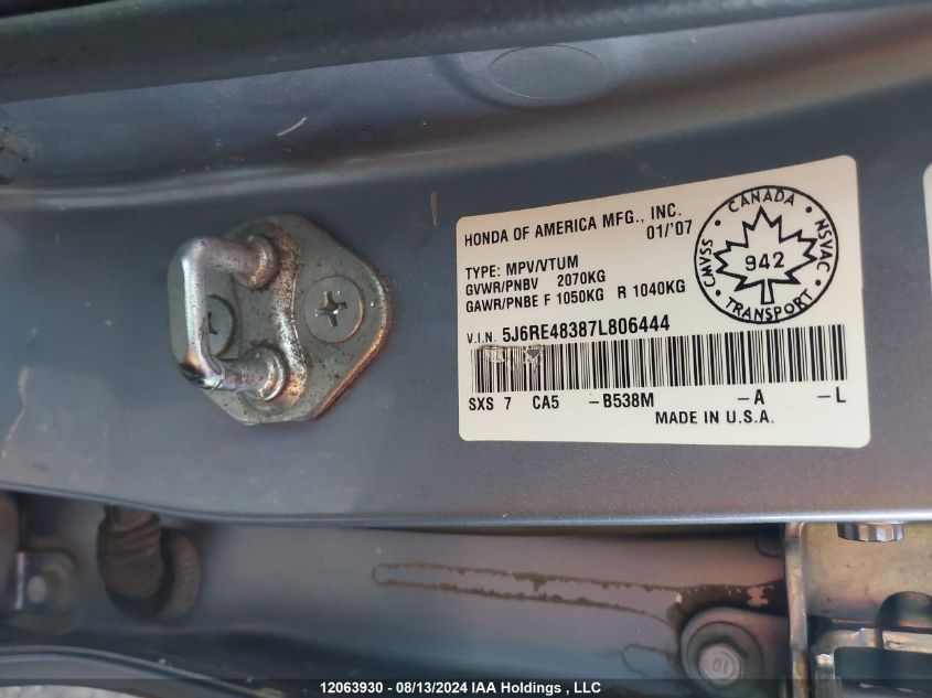 2007 Honda Cr-V Lx VIN: 5J6RE48387L806444 Lot: 12063930