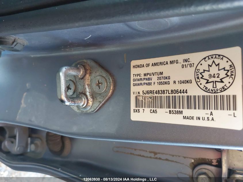 2007 Honda Cr-V Lx VIN: 5J6RE48387L806444 Lot: 12063930