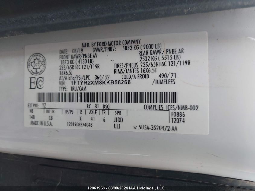 2019 Ford Transit T-250 VIN: 1FTYR2XM8KKB58266 Lot: 12063953