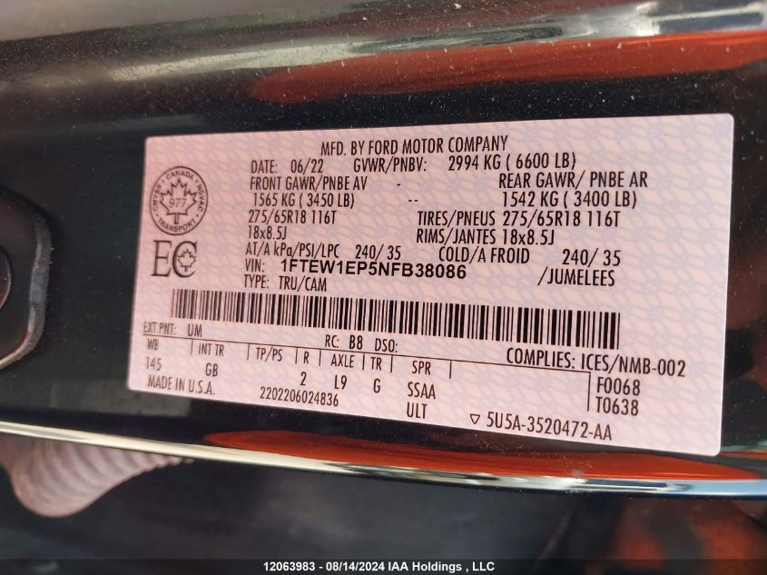 2022 Ford F-150 Xl VIN: 1FTEW1EP5NFB38086 Lot: 12063983