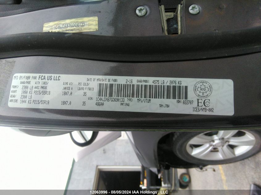 2016 Jeep Compass Sport/North VIN: 1C4NJDAB7GD690133 Lot: 12063996