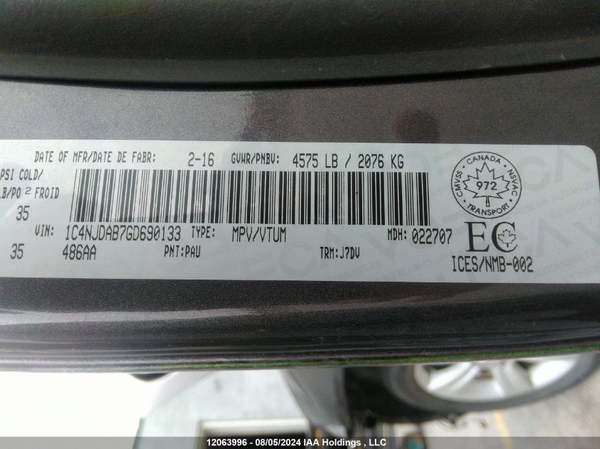 2016 Jeep Compass Sport/North VIN: 1C4NJDAB7GD690133 Lot: 12063996