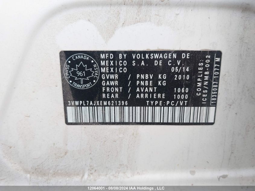 2014 Volkswagen Golf Wagon VIN: 3VWPL7AJXEM621396 Lot: 12064001