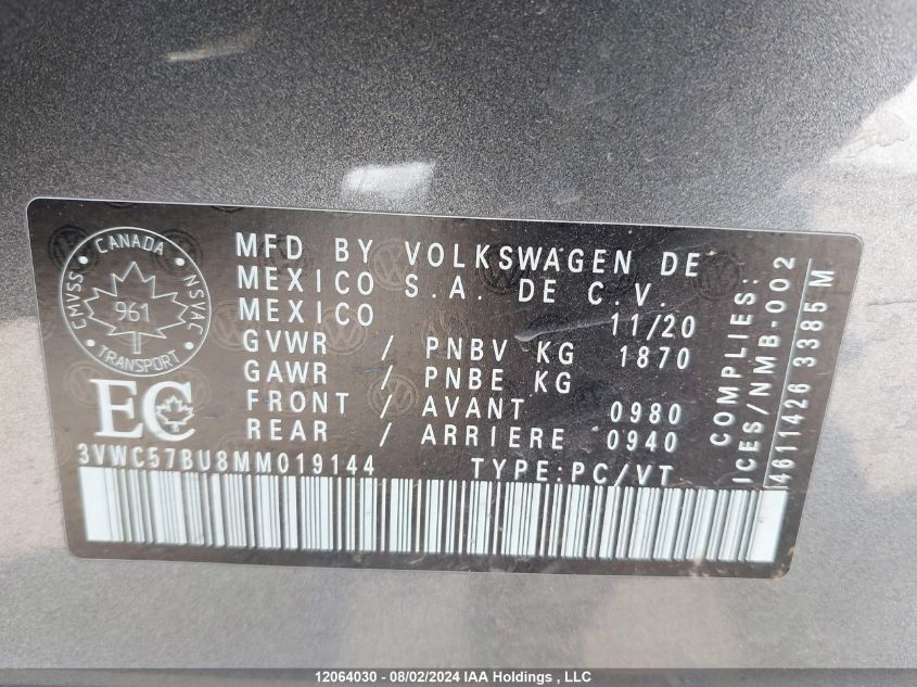 3VWC57BU8MM019144 2021 Volkswagen Jetta