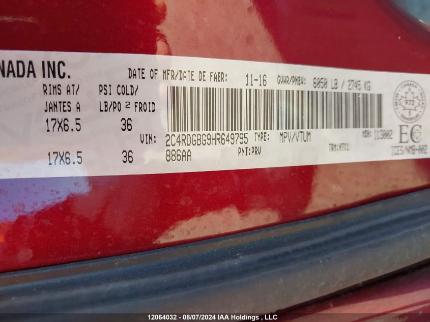 2017 Dodge Grand Caravan Cvp/Sxt VIN: 2C4RDGBG9HR649795 Lot: 12064032