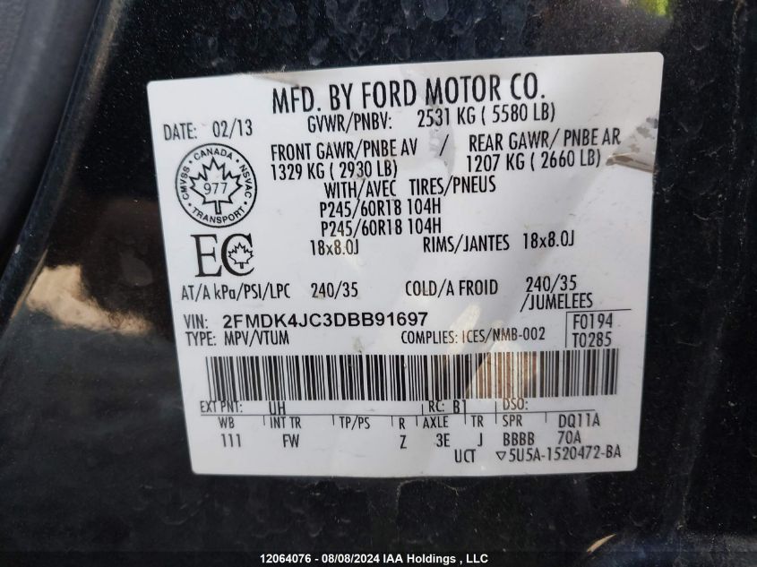 2013 Ford Edge Sel VIN: 2FMDK4JC3DBB91697 Lot: 12064076