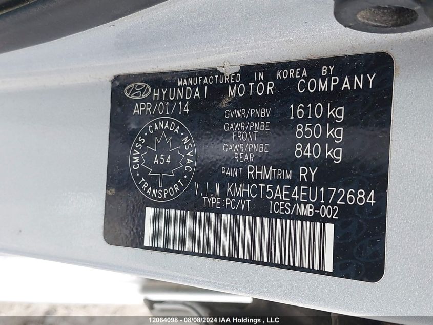 2014 Hyundai Accent Gl VIN: KMHCT5AE4EU172684 Lot: 12064098