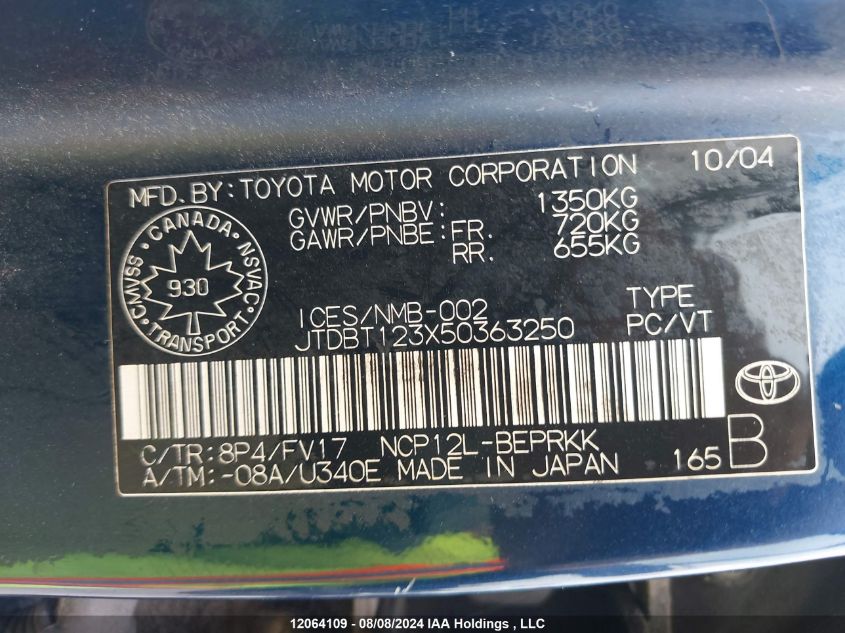 2005 Toyota Echo VIN: JTDBT123X50363250 Lot: 12064109