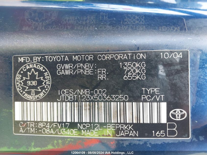 2005 Toyota Echo VIN: JTDBT123X50363250 Lot: 12064109