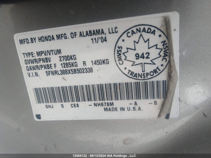 2005 Honda Odyssey VIN: 5FNRL388X5B502338 Lot: 12064122