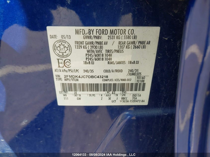 2013 Ford Edge Sel VIN: 2FMDK4JC7DBC43218 Lot: 12064133