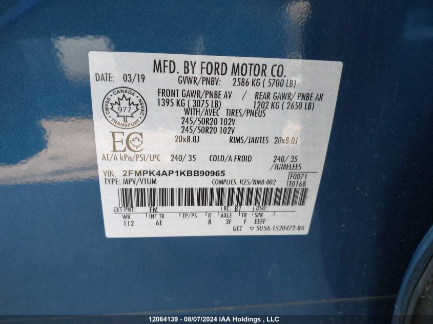 2019 Ford Edge St VIN: 2FMPK4AP1KBB90965 Lot: 12064139