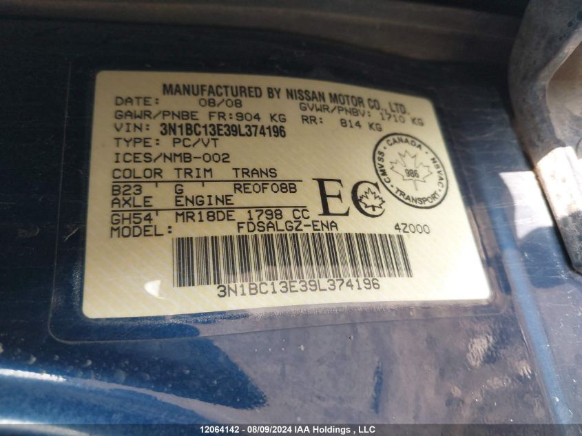 2009 Nissan Versa 1.8Sl VIN: 3N1BC13E39L374196 Lot: 12064142