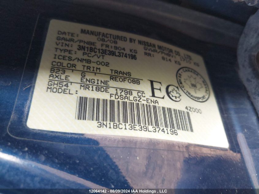 2009 Nissan Versa 1.8Sl VIN: 3N1BC13E39L374196 Lot: 12064142